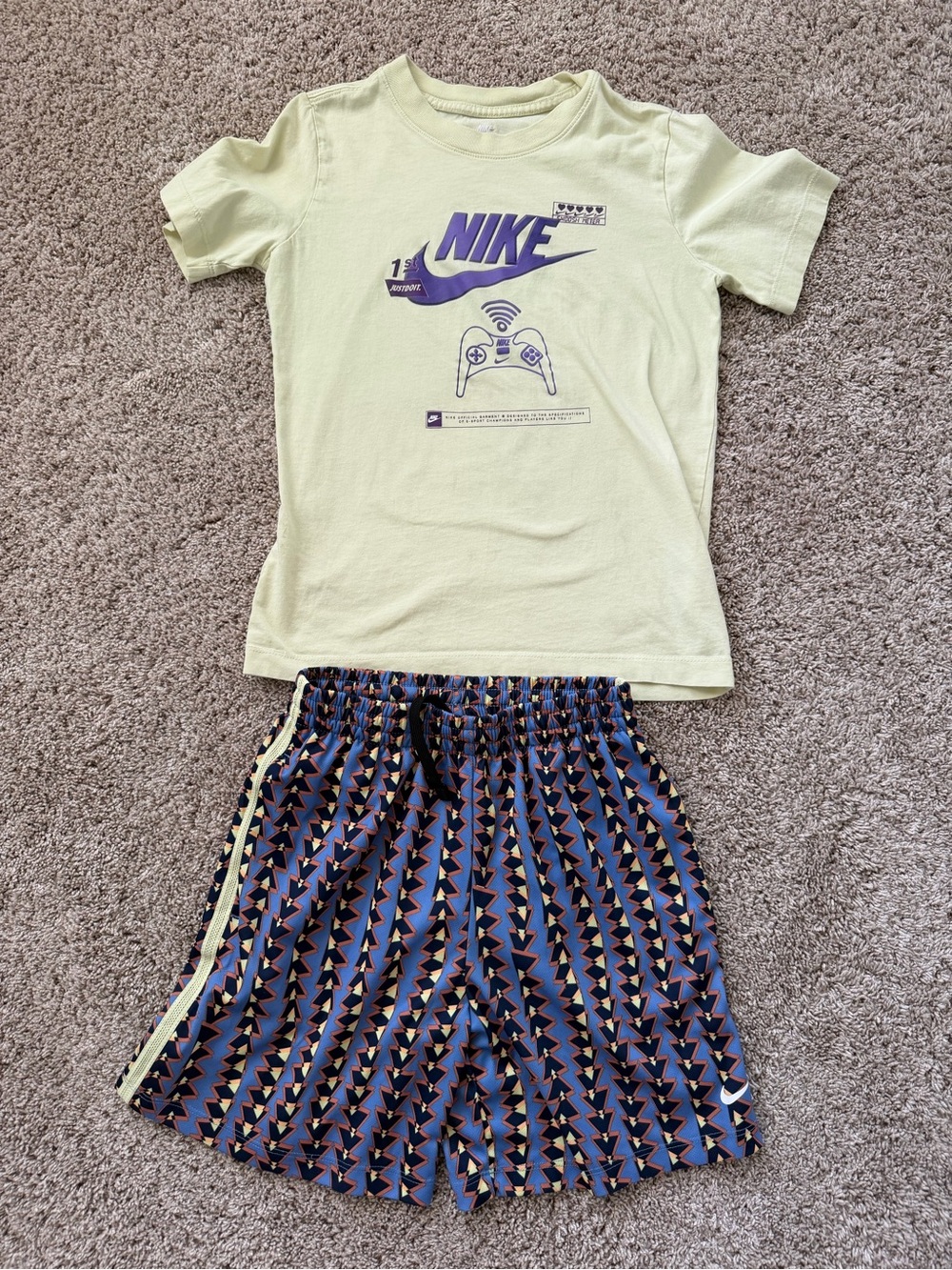 Nike Yellow Short-Sleeve Tee with Patterned Navy Shorts Set